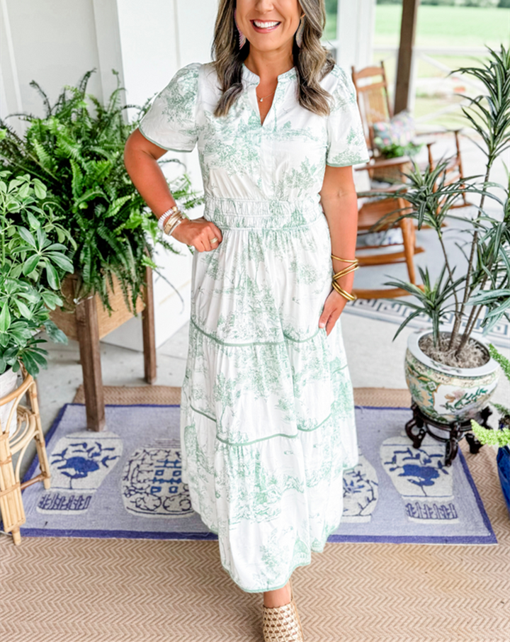 Alexia™ – Vintage Toile Print Maxi Dress for Effortless Elegance