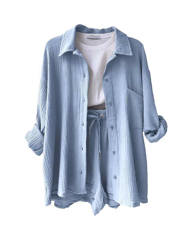 Tessa - Cotton Button-Up Shorts Set