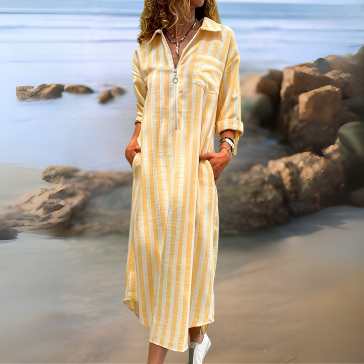 Linda™ | Elegant striped dress with V-neckline