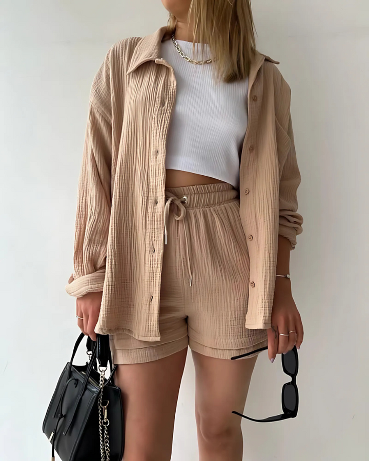 Tessa - Cotton Button-Up Shorts Set