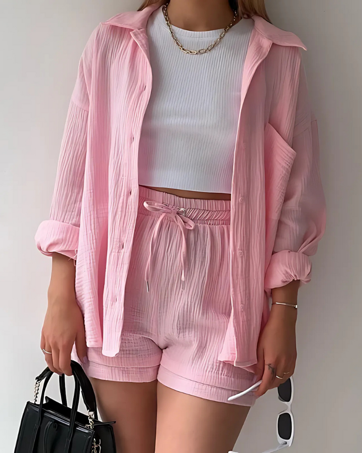Tessa - Cotton Button-Up Shorts Set