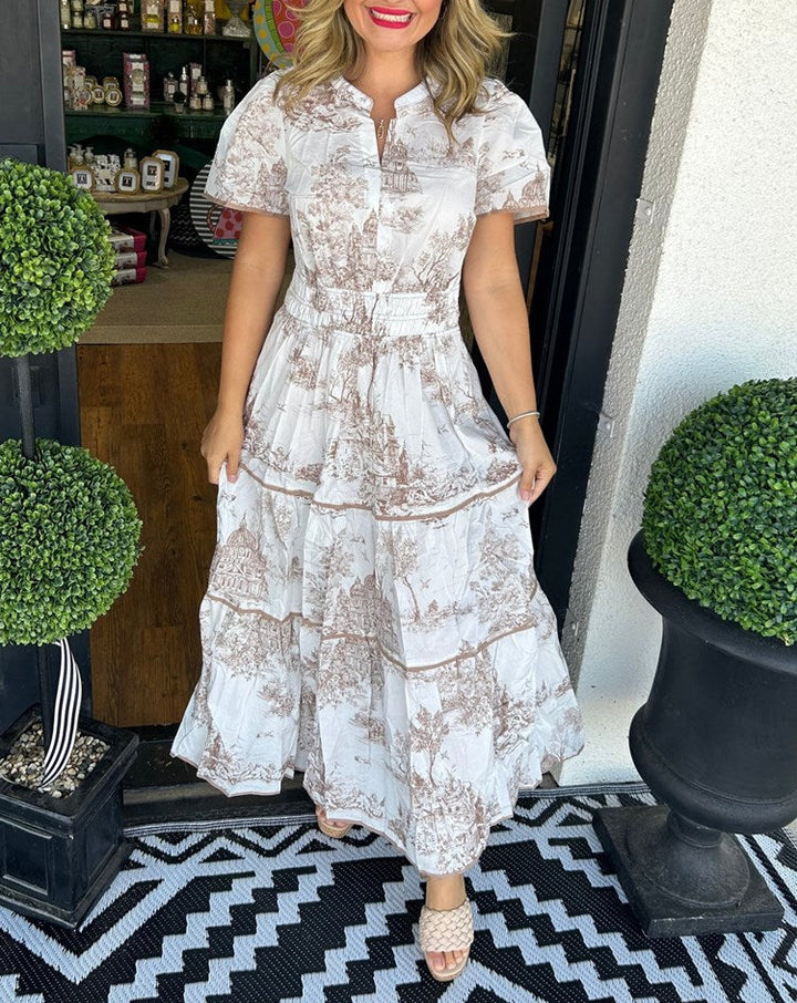 Alexia™ – Vintage Toile Print Maxi Dress for Effortless Elegance