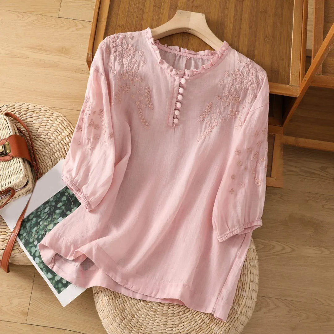 Lynn – Embroidered Button-Front Blouse