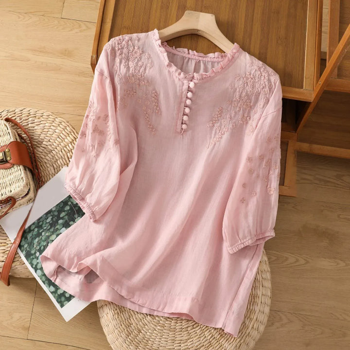 Lynn – Embroidered Button-Front Blouse