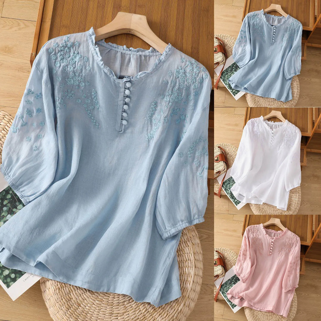 Lynn – Embroidered Button-Front Blouse