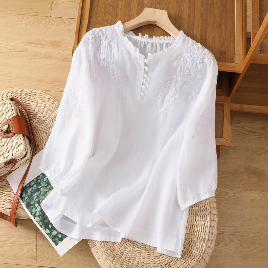 Lynn – Embroidered Button-Front Blouse