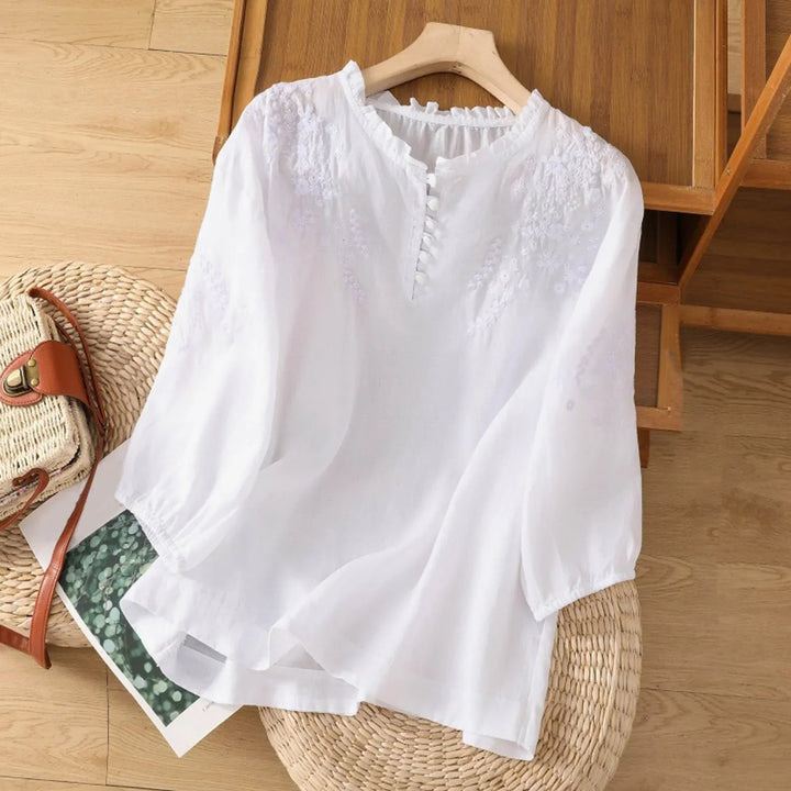 Lynn – Embroidered Button-Front Blouse