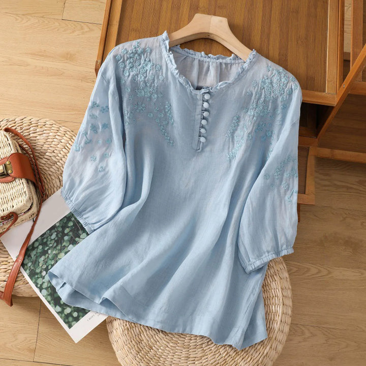Lynn – Embroidered Button-Front Blouse