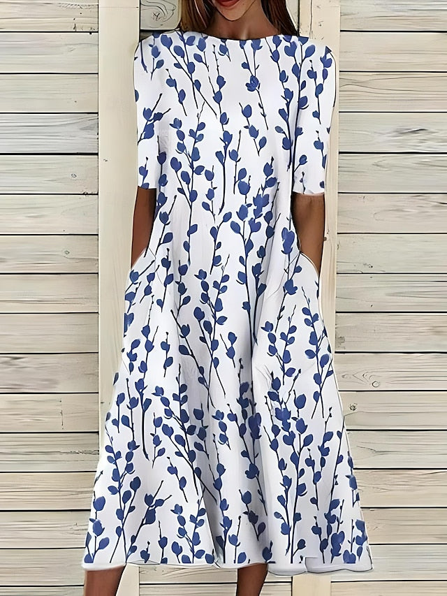 Leigh™ – Coastal Floral Midi Dress with Classic Round Neck