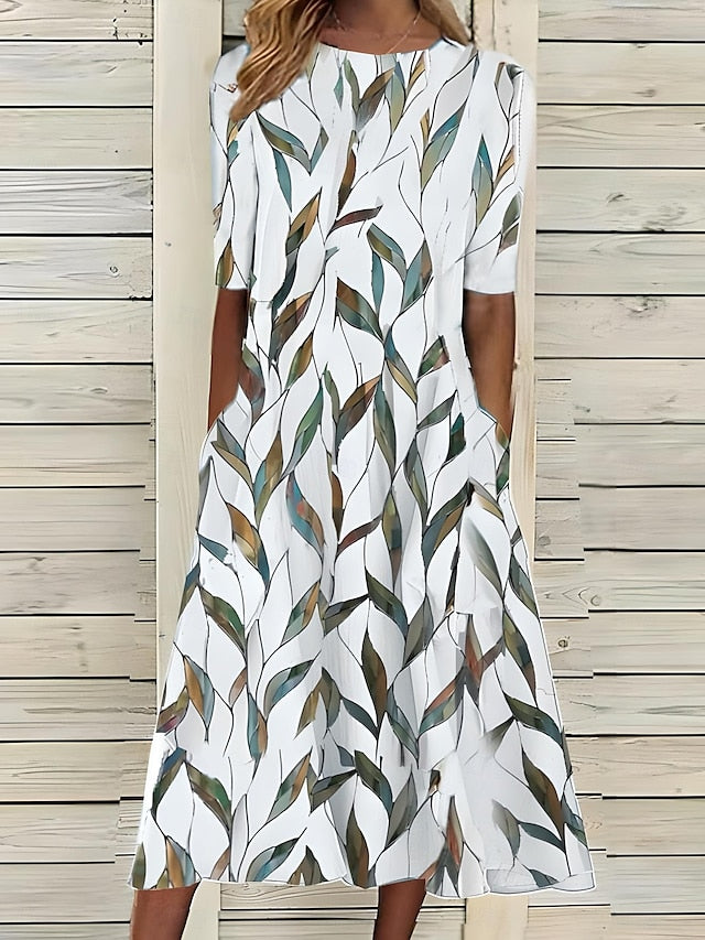 Leigh™ – Coastal Floral Midi Dress with Classic Round Neck