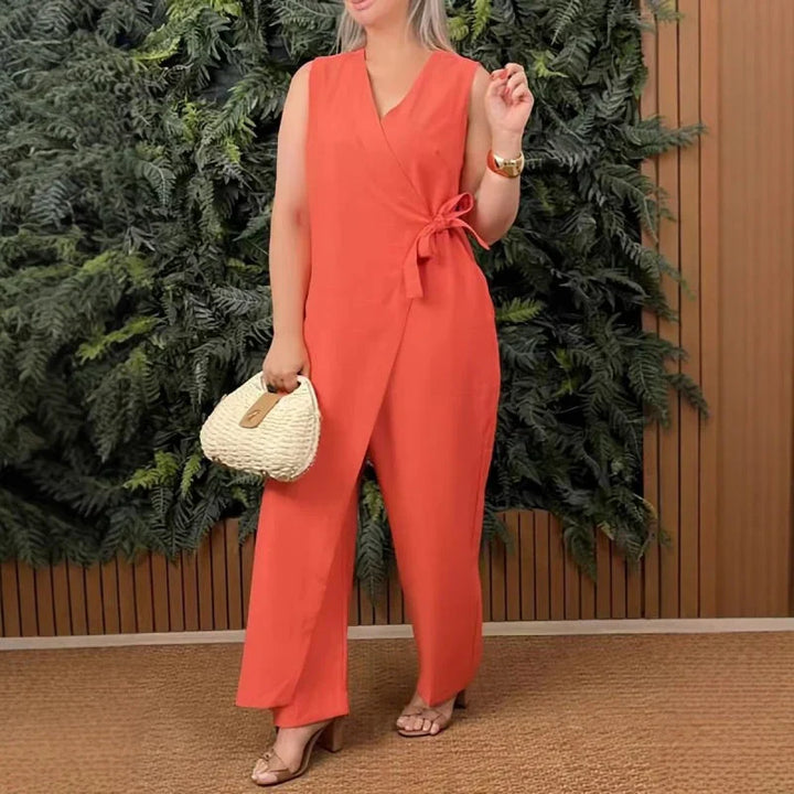 Naomi™ – Elegant V-Neck Belted Jumpsuit for Effortless All-Day Style