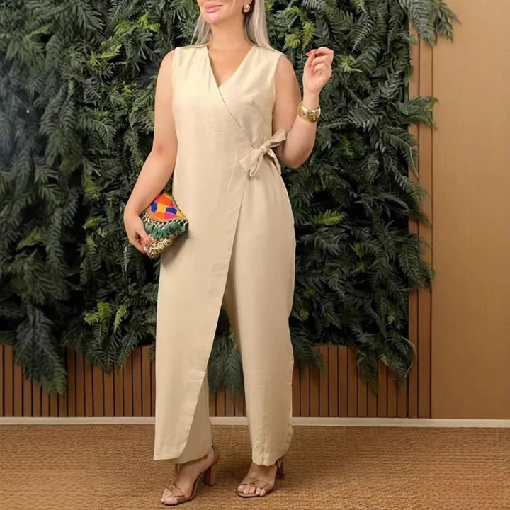 Naomi™ – Elegant V-Neck Belted Jumpsuit for Effortless All-Day Style