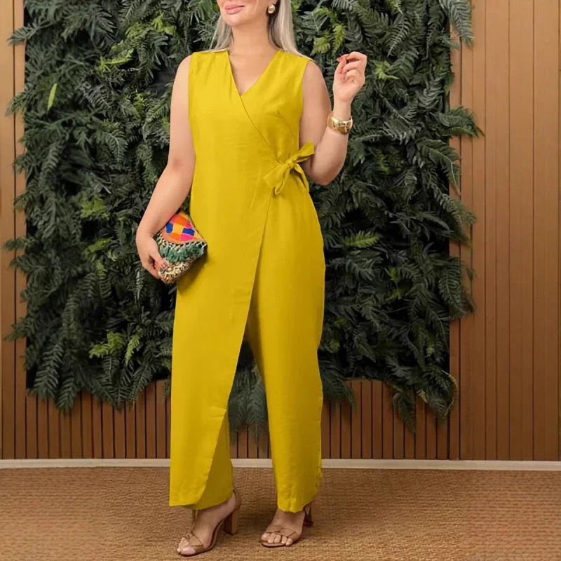 Naomi™ – Elegant V-Neck Belted Jumpsuit for Effortless All-Day Style