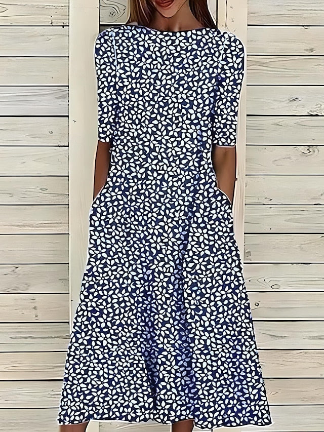 Leigh™ – Coastal Floral Midi Dress with Classic Round Neck